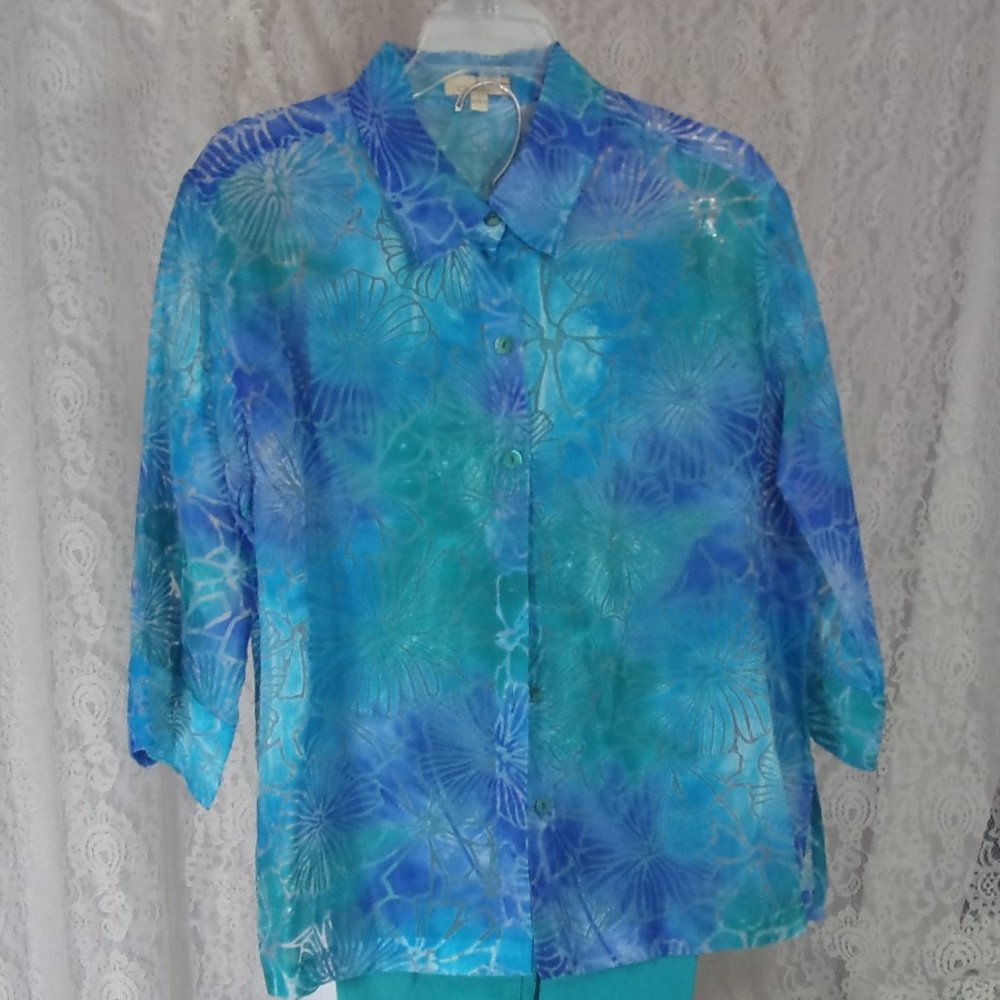 Choices Top Blouse Blue Jade Green Burnout Design